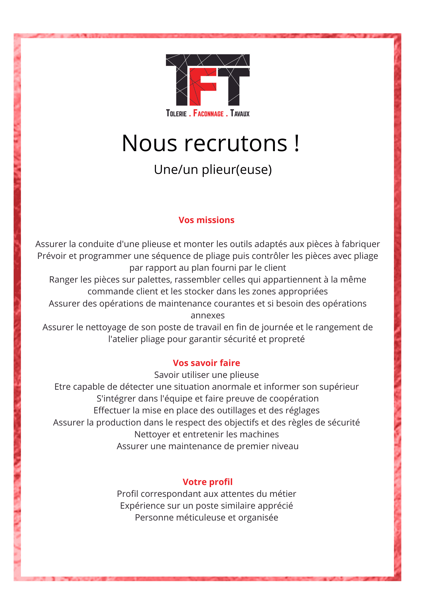 Nous recrutons PLIEUR 2